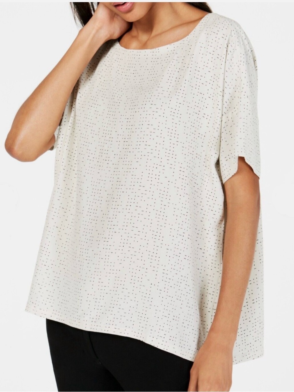 EILEEN FISHER Bone Tencel Viscose Morse Code Bateau Popover Top Tee Blouse Med.
